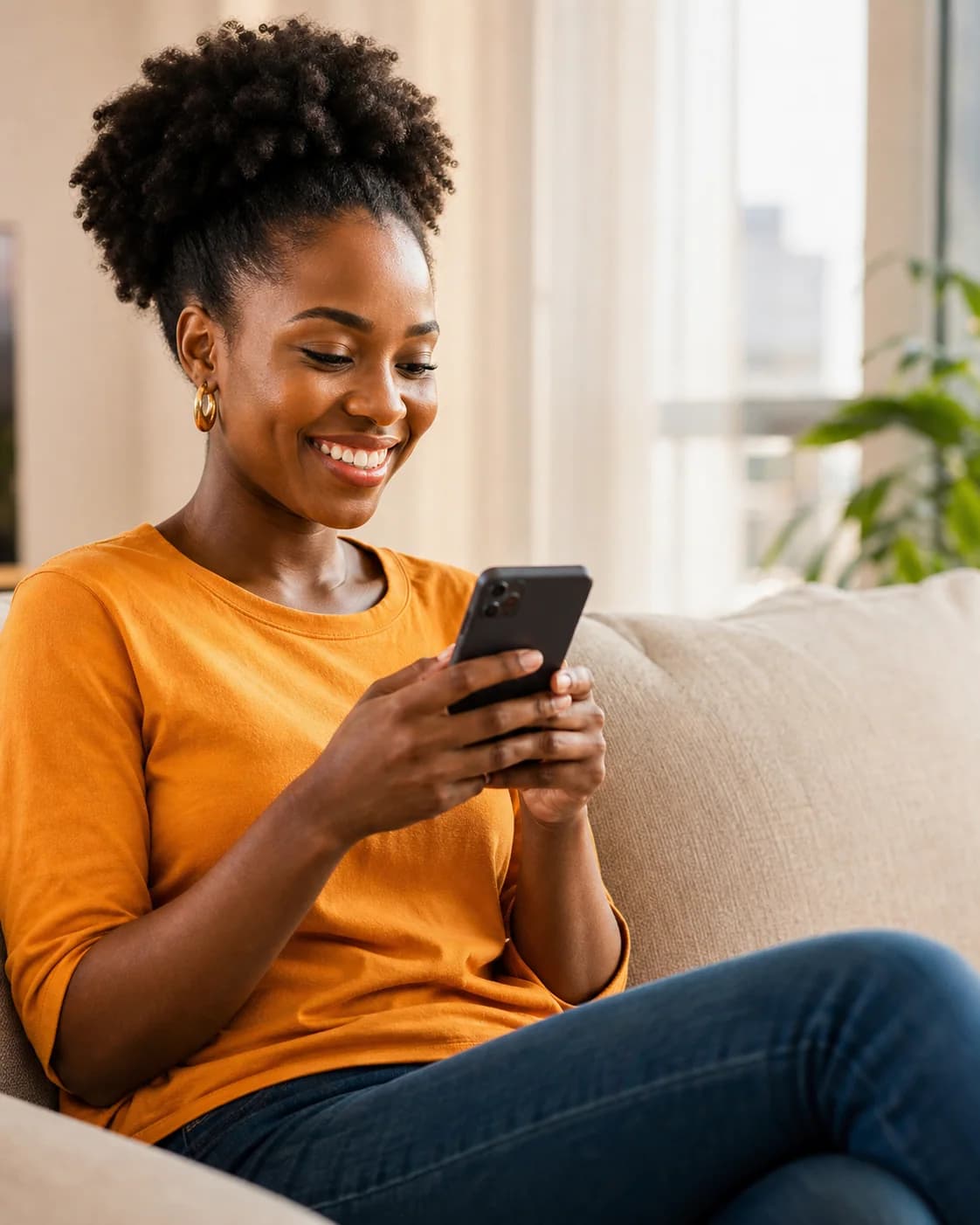 Nigerian woman smiling while using Dmore on her phone